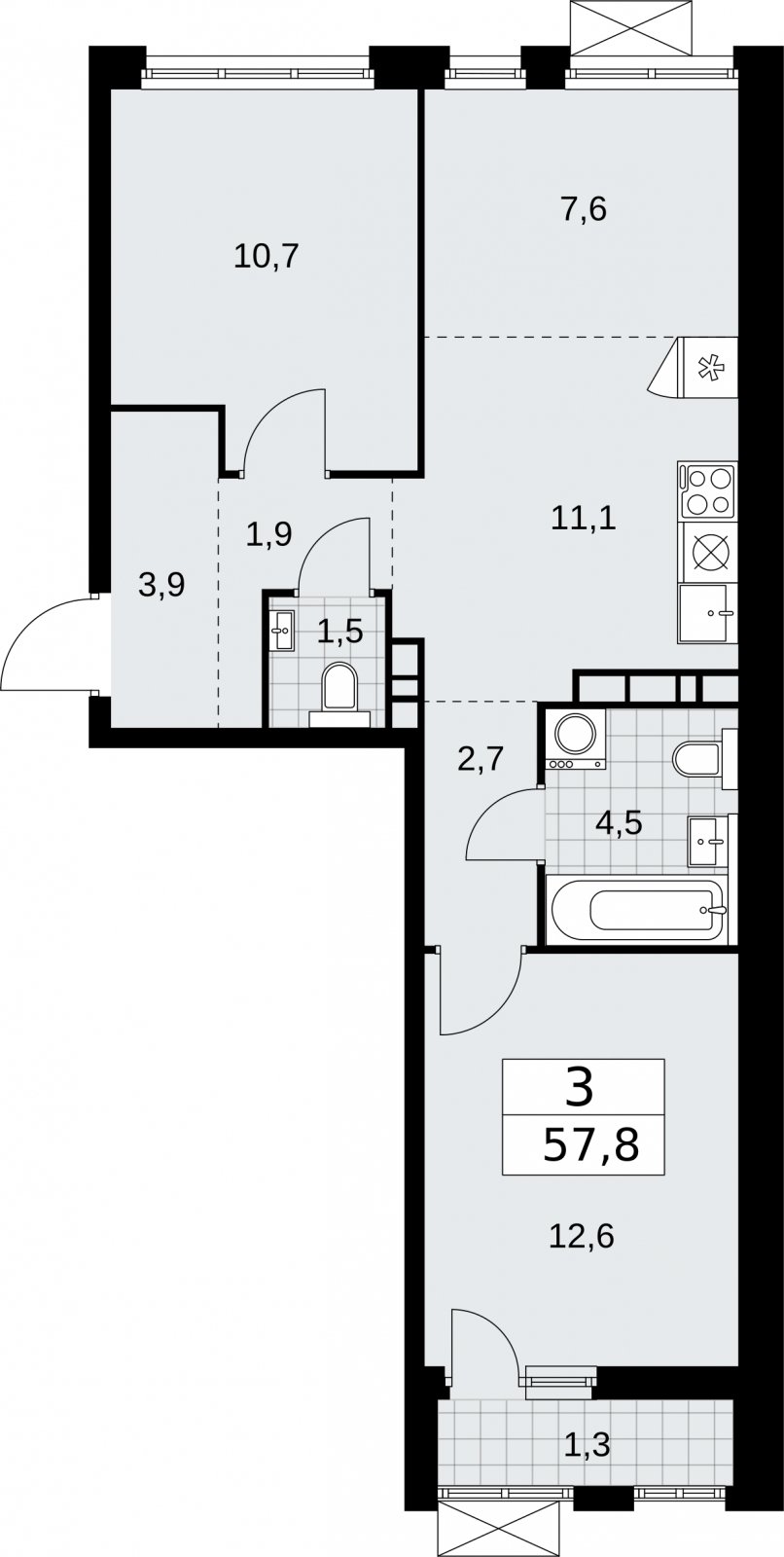 3-комнатная квартира (евро) без отделки, 57.8 м2, 7 этаж, сдача 2 квартал 2026 г., ЖК Бунинские кварталы, корпус 5.4 - объявление 2297696 - фото №1