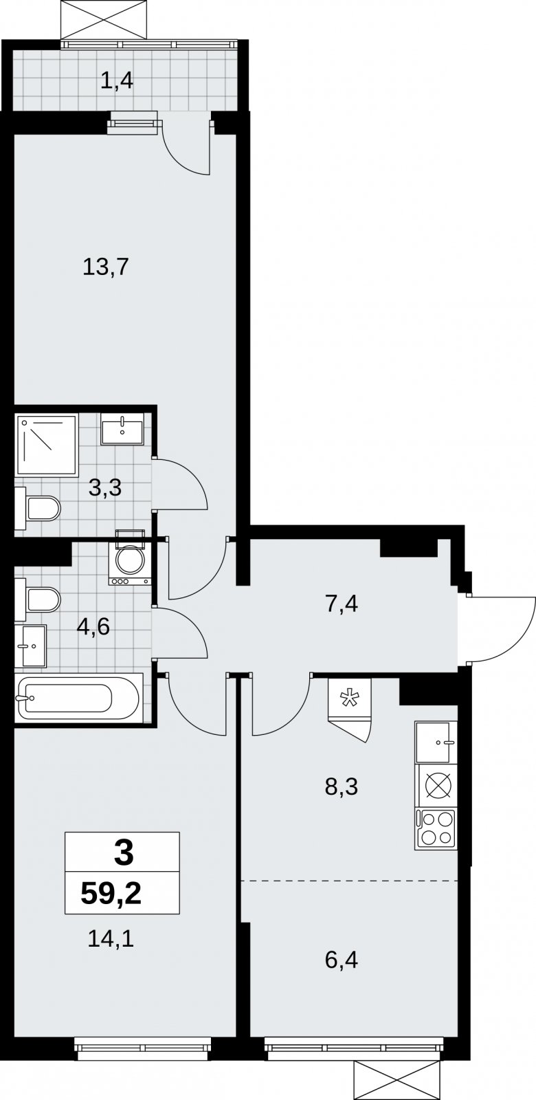 3-комнатная квартира (евро) без отделки, 59.2 м2, 5 этаж, сдача 1 квартал 2026 г., ЖК Дзен-кварталы, корпус 6.2.1 - объявление 2328581 - фото №1