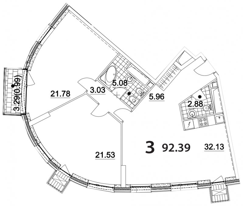 3-комнатная квартира (евро) без отделки, 92.39 м2, 16 этаж, дом сдан, ЖК Апарт-комплекс Nakhimov, корпус 3 - объявление 1330724 - фото №1