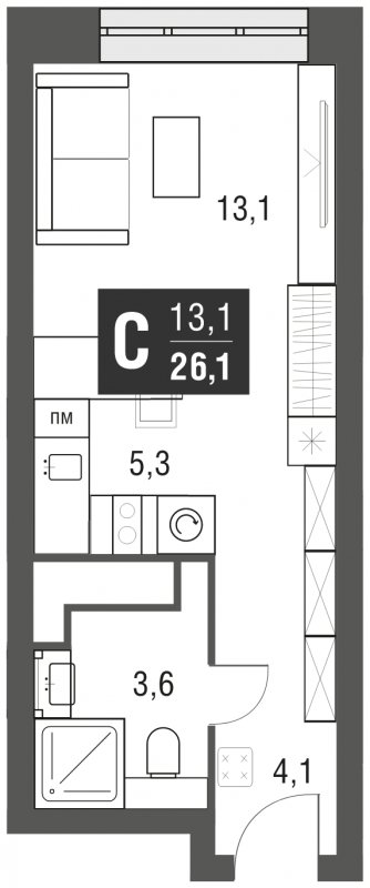 Студия с полной отделкой, 26.1 м2, 37 этаж, сдача 2 квартал 2024 г., ЖК AFI Tower, корпус 1 - объявление 2205374 - фото №1
