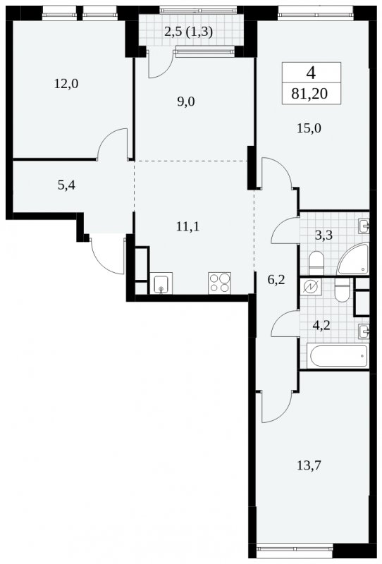 4-комнатная квартира (евро) с частичной отделкой, 81.2 м2, 11 этаж, сдача 2 квартал 2025 г., ЖК Южные сады, корпус 2.1 - объявление 1759981 - фото №1