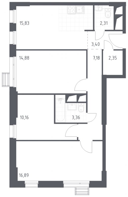 3-комнатные апартаменты с полной отделкой, 76.36 м2, 30 этаж, сдача 4 квартал 2023 г., ЖК Квартал Спутник, корпус 15 - объявление 1887937 - фото №1