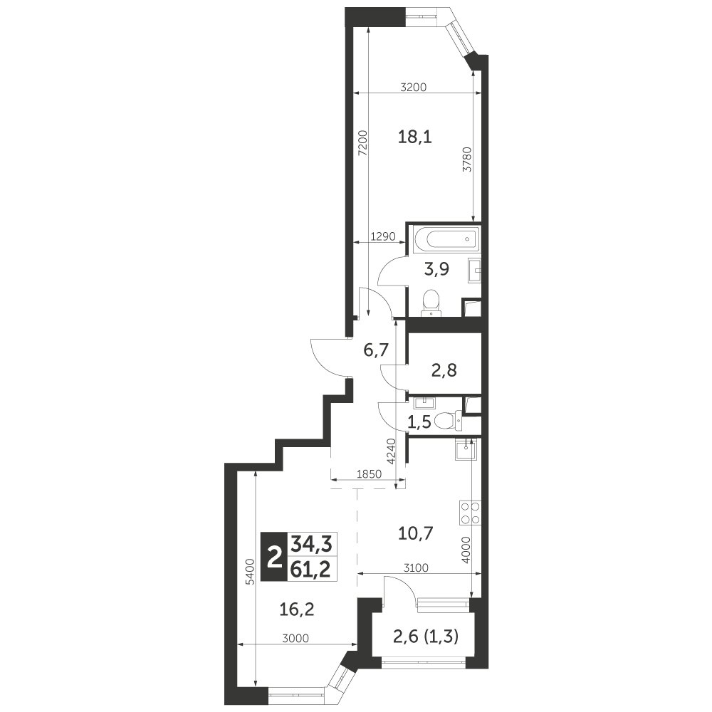 2-комнатная квартира с частичной отделкой, 61.2 м2, 6 этаж, дом сдан, ЖК Архитектор, корпус 3 - объявление 2374921 - фото №1