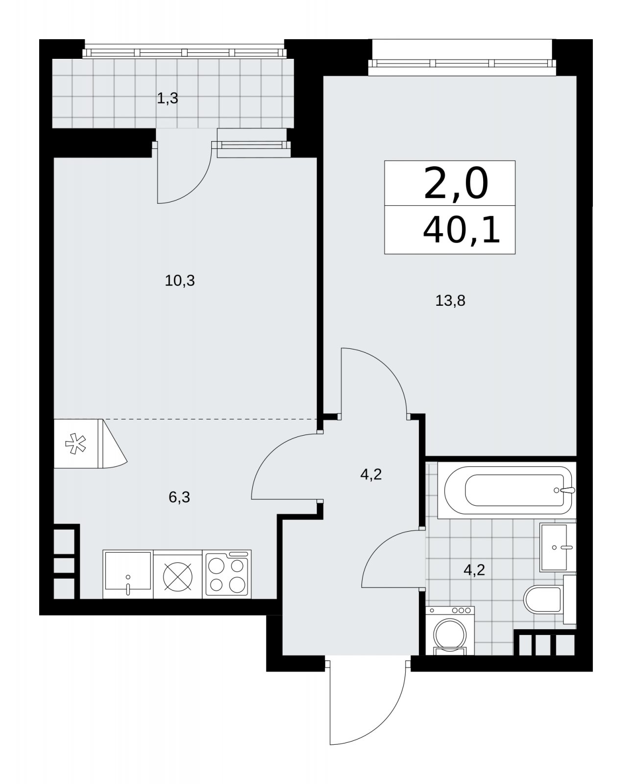 2-комнатная квартира (евро) без отделки, 40.1 м2, 4 этаж, сдача 1 квартал 2026 г., ЖК Дзен-кварталы, корпус 3.2 - объявление 2241671 - фото №1