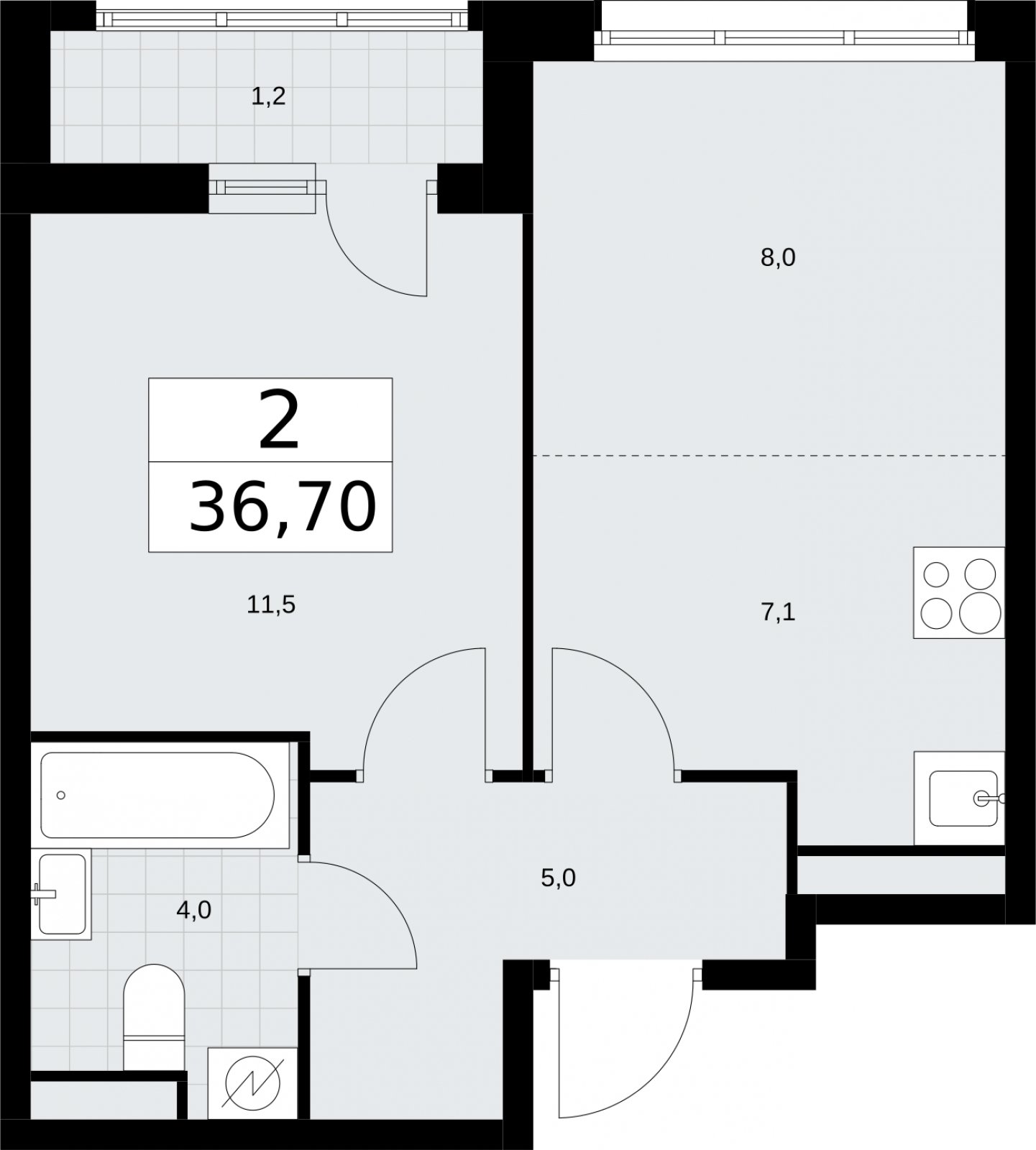 2-комнатная квартира (евро) с полной отделкой, 36.8 м2, 5 этаж, сдача 4 квартал 2026 г., ЖК Родные кварталы, корпус 1.2 - объявление 2317996 - фото №1
