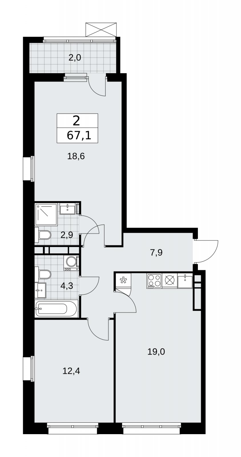 2-комнатная квартира с частичной отделкой, 67.1 м2, 11 этаж, сдача 2 квартал 2026 г., ЖК Дзен-кварталы, корпус 4.1 - объявление 2251391 - фото №1