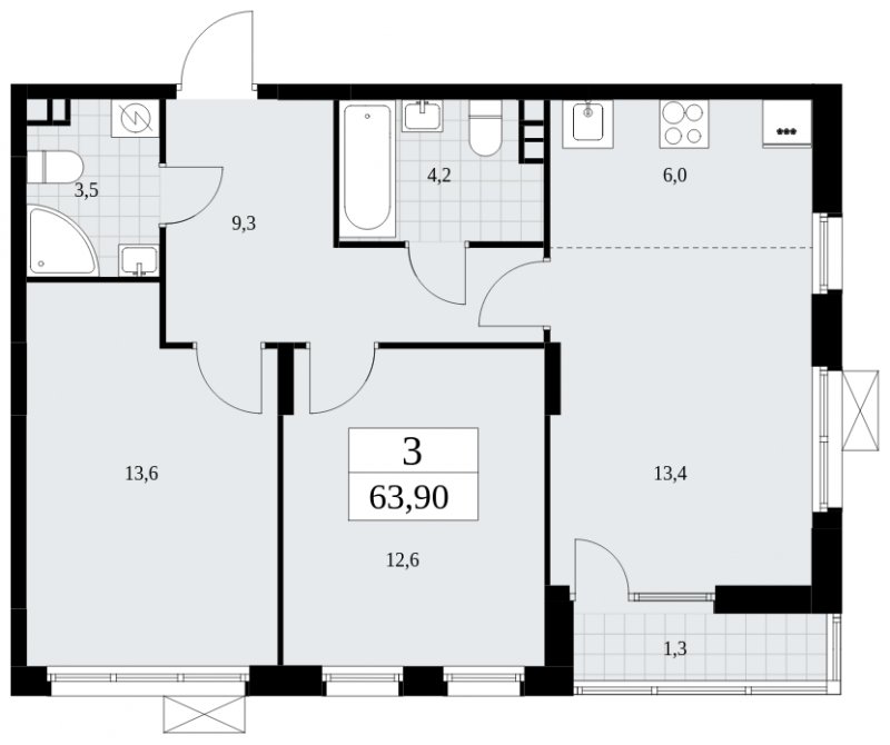 3-комнатная квартира (евро) с частичной отделкой, 63.9 м2, 3 этаж, сдача 3 квартал 2025 г., ЖК Дзен-кварталы, корпус 2.2 - объявление 1932322 - фото №1