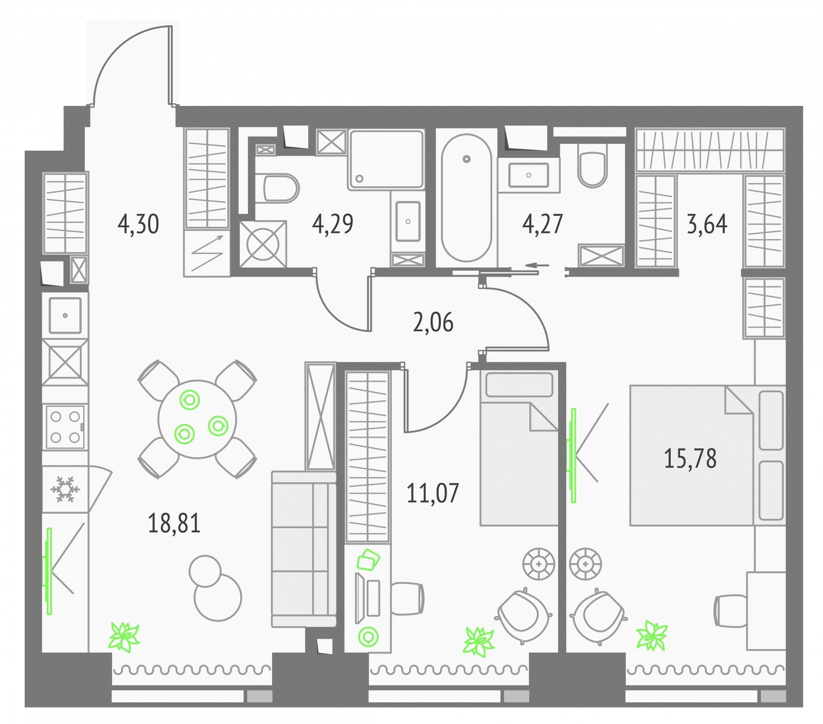 2-комнатная квартира без отделки, 64.22 м2, 7 этаж, сдача 2 квартал 2026 г., ЖК Upside Towers, корпус 1 - объявление 2326487 - фото №1