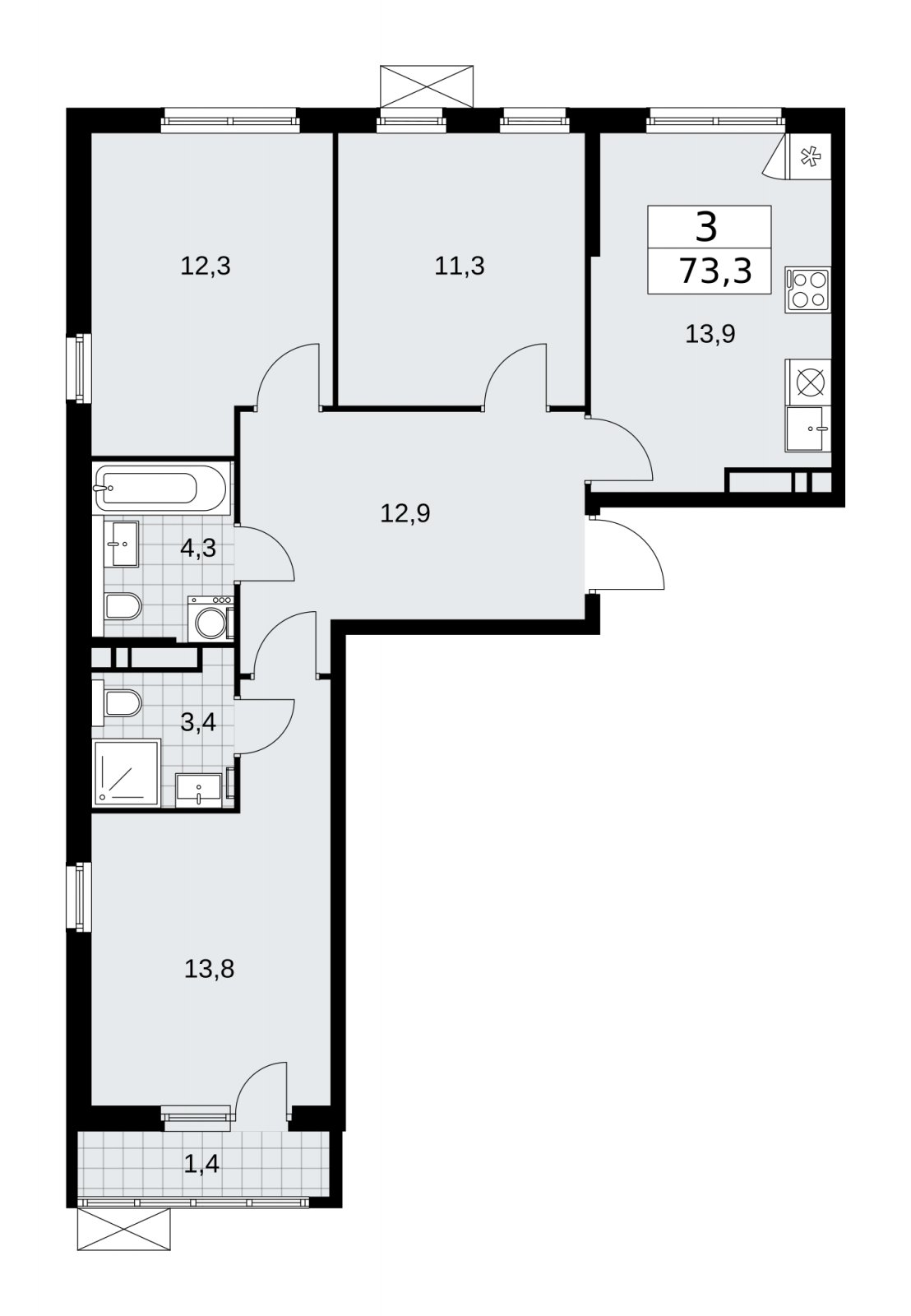 3-комнатная квартира с частичной отделкой, 73.3 м2, 11 этаж, сдача 2 квартал 2026 г., ЖК Прокшино, корпус 11.2.3 - объявление 2270233 - фото №1