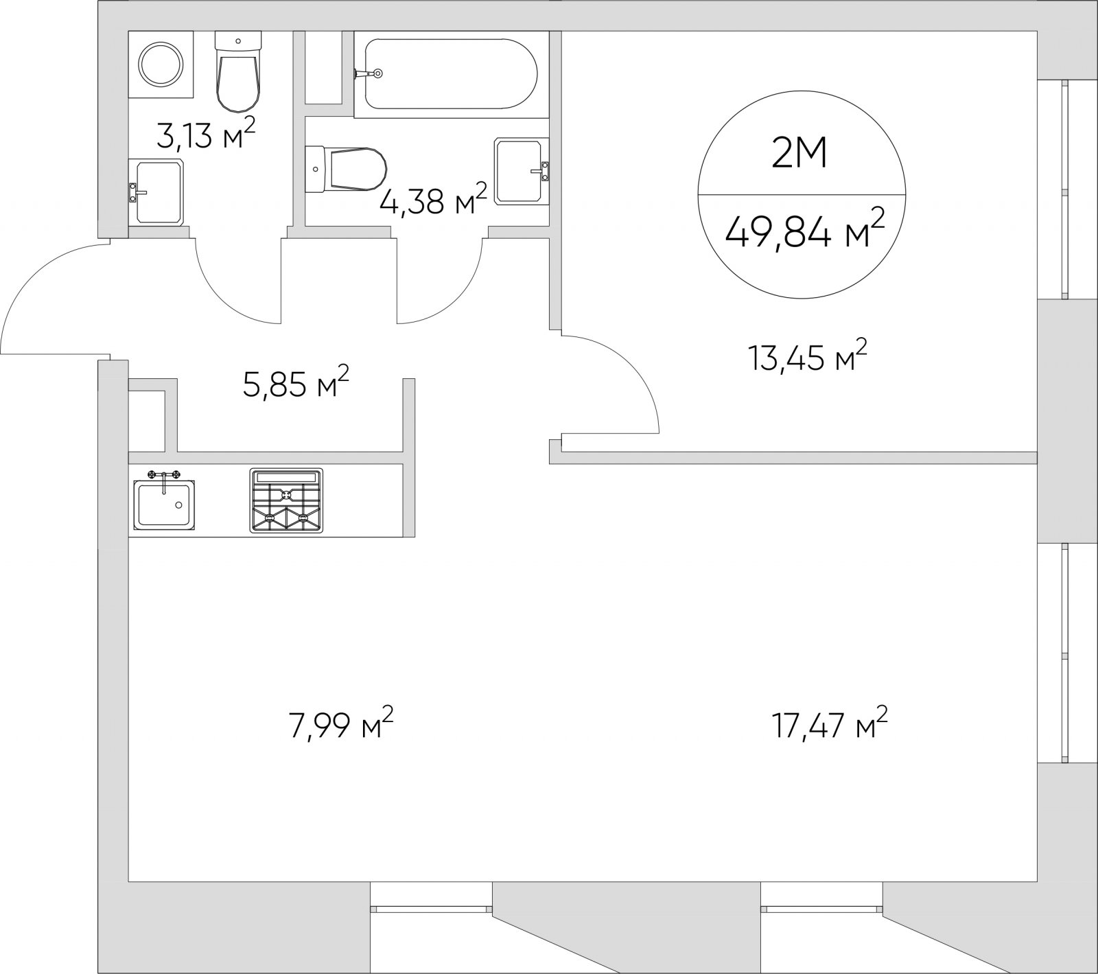 2-комнатные апартаменты без отделки, 49.84 м2, 11 этаж, дом сдан, ЖК N'ICE LOFT, корпус 1 - объявление 2406285 - фото №1