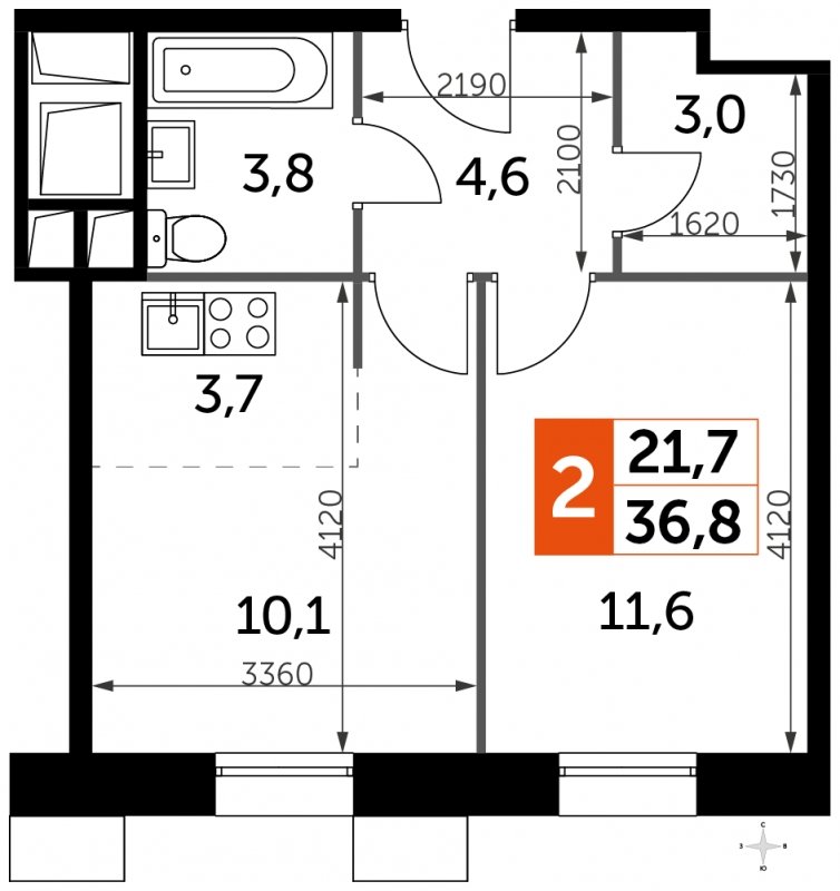 2-комнатные апартаменты без отделки, 36.8 м2, 7 этаж, дом сдан, ЖК Движение.Тушино, корпус 1,2 - объявление 1749487 - фото №1