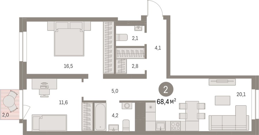 2-комнатная квартира с частичной отделкой, 68.41 м2, 3 этаж, сдача 1 квартал 2025 г., ЖК Первый квартал, корпус Дом 5 - объявление 2281393 - фото №1