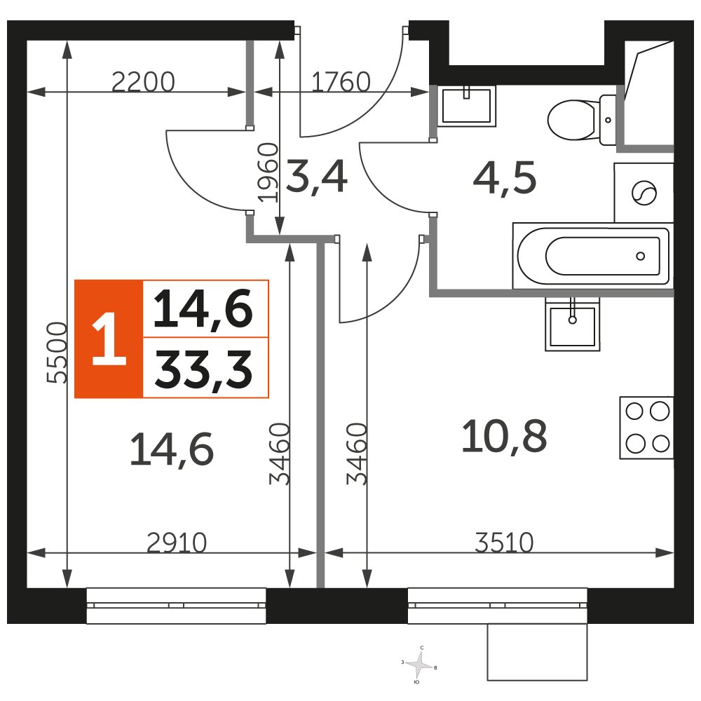 1-комнатная квартира с частичной отделкой, 33.3 м2, 1 этаж, дом сдан, ЖК UP-квартал Римский, корпус 7 - объявление 2359876 - фото №1