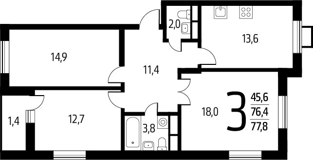 3-комнатная квартира с полной отделкой, 77.8 м2, 6 этаж, сдача 1 квартал 2025 г., ЖК Новые Ватутинки. Заречный, корпус 5/3 - объявление 2271829 - фото №1