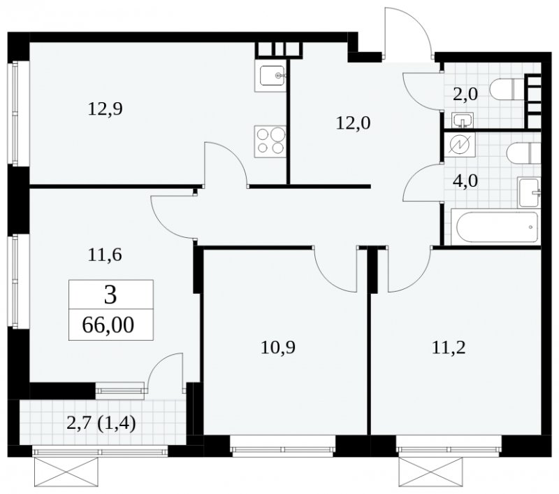 3-комнатная квартира с частичной отделкой, 66 м2, 9 этаж, сдача 2 квартал 2025 г., ЖК Прокшино, корпус 5.2.6 - объявление 1901073 - фото №1