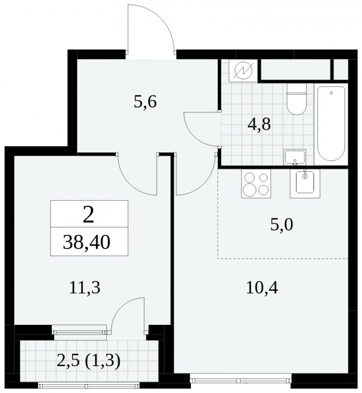 2-комнатная квартира (евро) без отделки, 38.4 м2, 21 этаж, сдача 2 квартал 2025 г., ЖК Южные сады, корпус 2.3 - объявление 1758380 - фото №1
