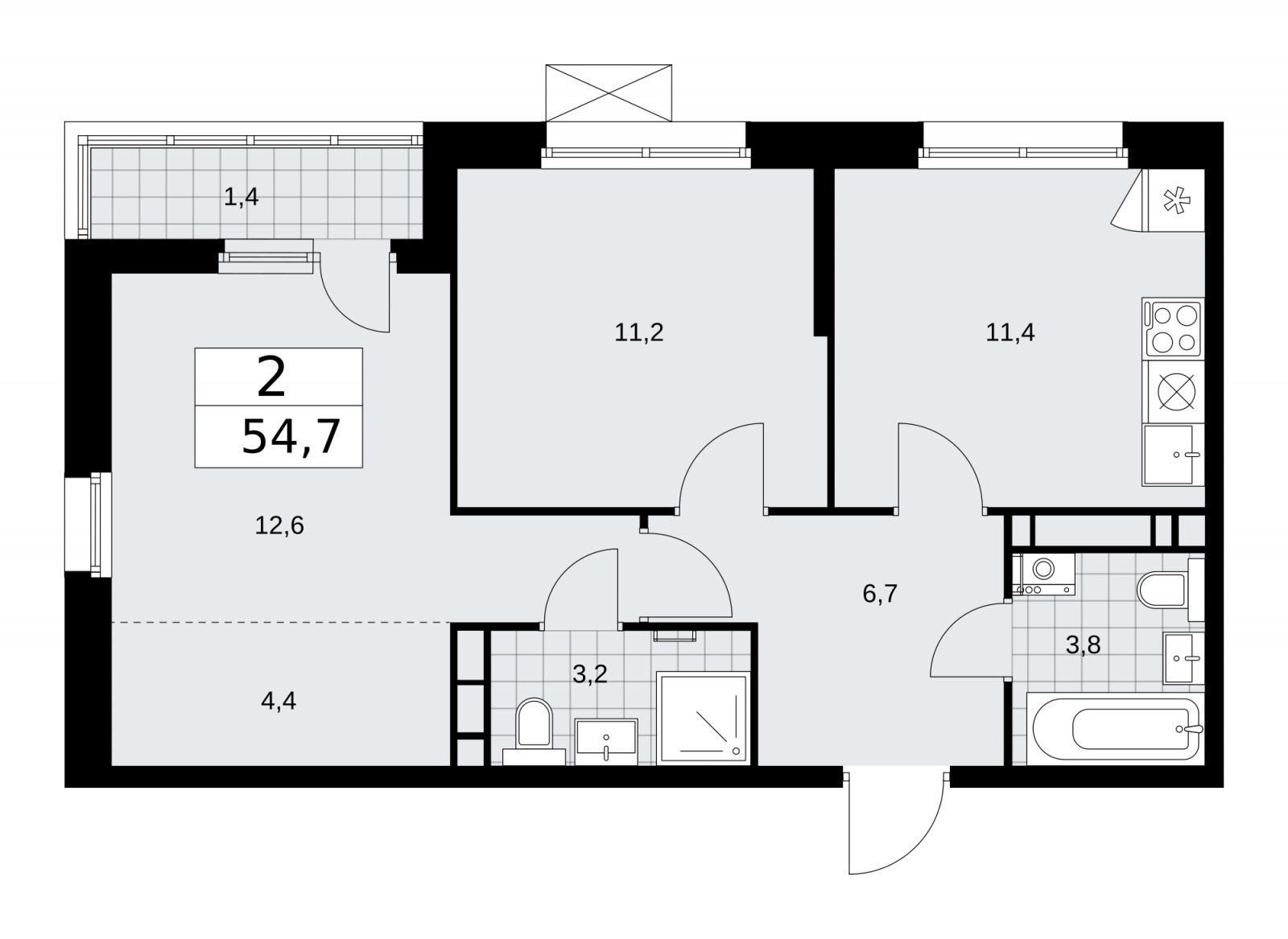 2-комнатная квартира без отделки, 54.7 м2, 12 этаж, сдача 2 квартал 2026 г., ЖК Скандинавия, корпус 25.4 - объявление 2284078 - фото №1