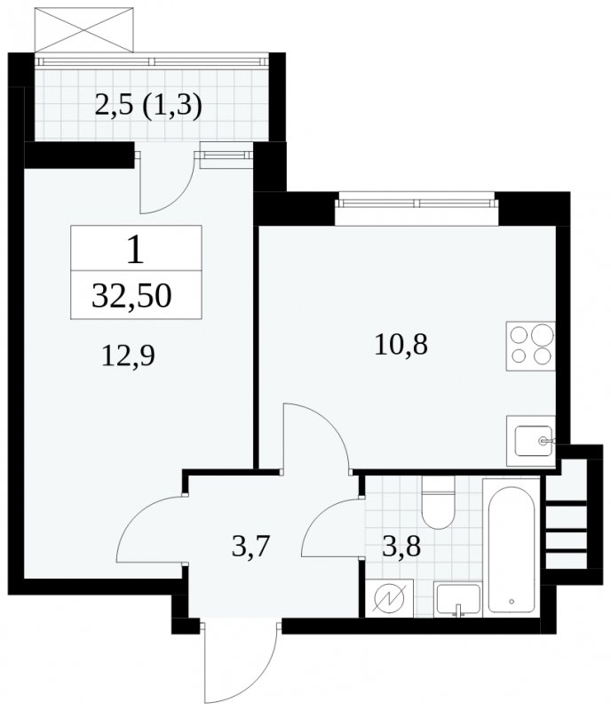 1-комнатная квартира без отделки, 32.5 м2, 14 этаж, сдача 1 квартал 2025 г., ЖК Прокшино, корпус 5.2.5 - объявление 1900947 - фото №1
