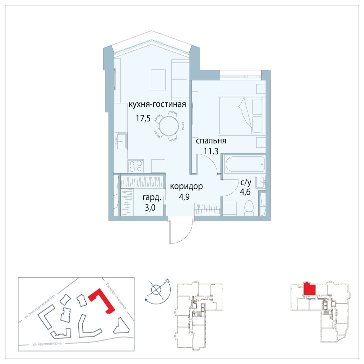 1-комнатная квартира без отделки, 41.3 м2, 19 этаж, сдача 3 квартал 2025 г., ЖК Символ, корпус 31 (квартал "Вдохновение") - объявление 1763436 - фото №1