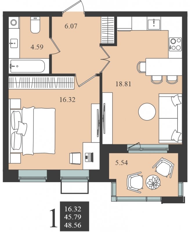 1-комнатная квартира без отделки, 48.56 м2, 2 этаж, сдача 1 квартал 2024 г., ЖК Мишино-2, корпус 9 - объявление 1812159 - фото №1