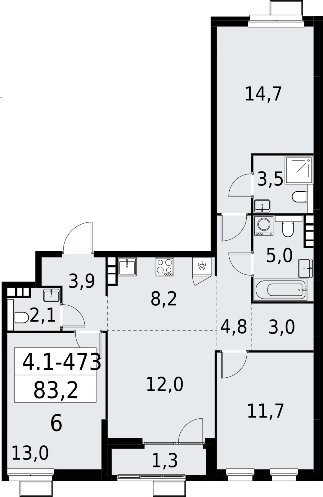 4-комнатная квартира (евро) с полной отделкой, 83.2 м2, 11 этаж, сдача 2 квартал 2027 г., ЖК Южные сады, корпус 4.1.2 - объявление 2392978 - фото №1