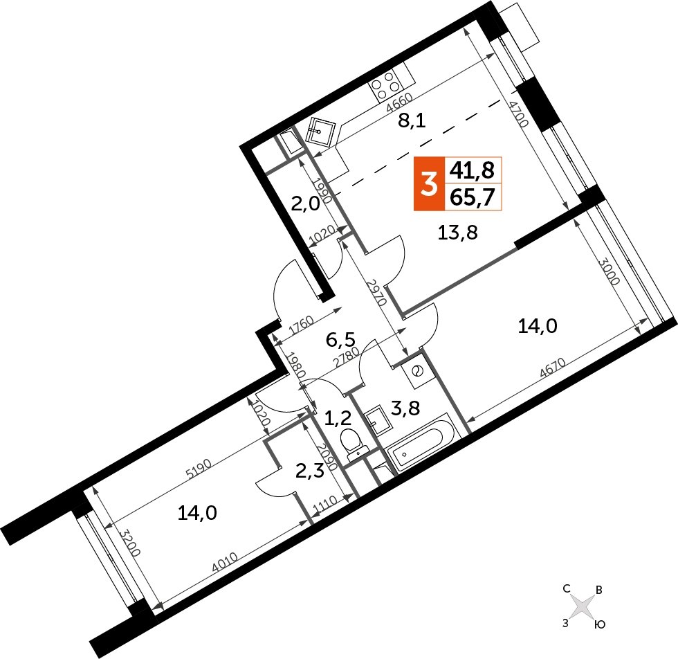 3-комнатная квартира с полной отделкой, 65.7 м2, 17 этаж, сдача 4 квартал 2023 г., ЖК Датский квартал, корпус 2 - объявление 2207699 - фото №1