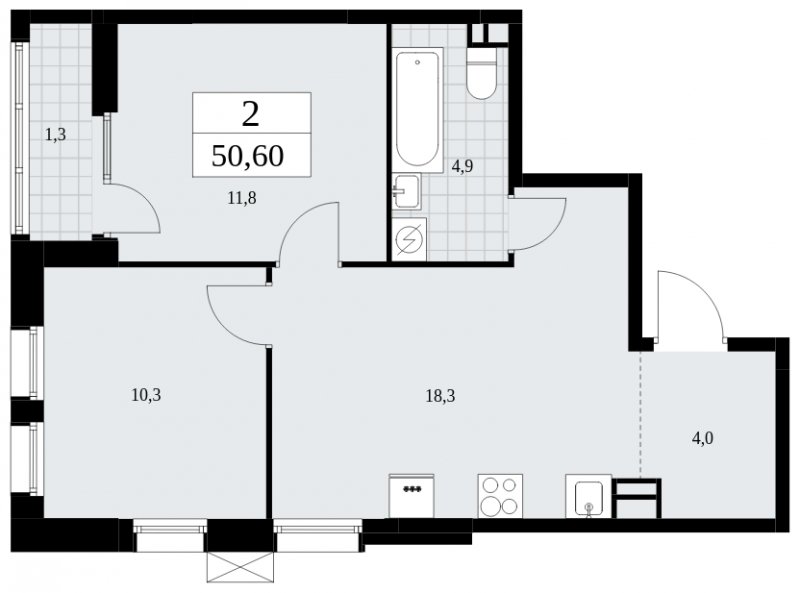 2-комнатная квартира без отделки, 50.6 м2, 3 этаж, сдача 2 квартал 2025 г., ЖК Дзен-кварталы, корпус 2.3 - объявление 1932511 - фото №1