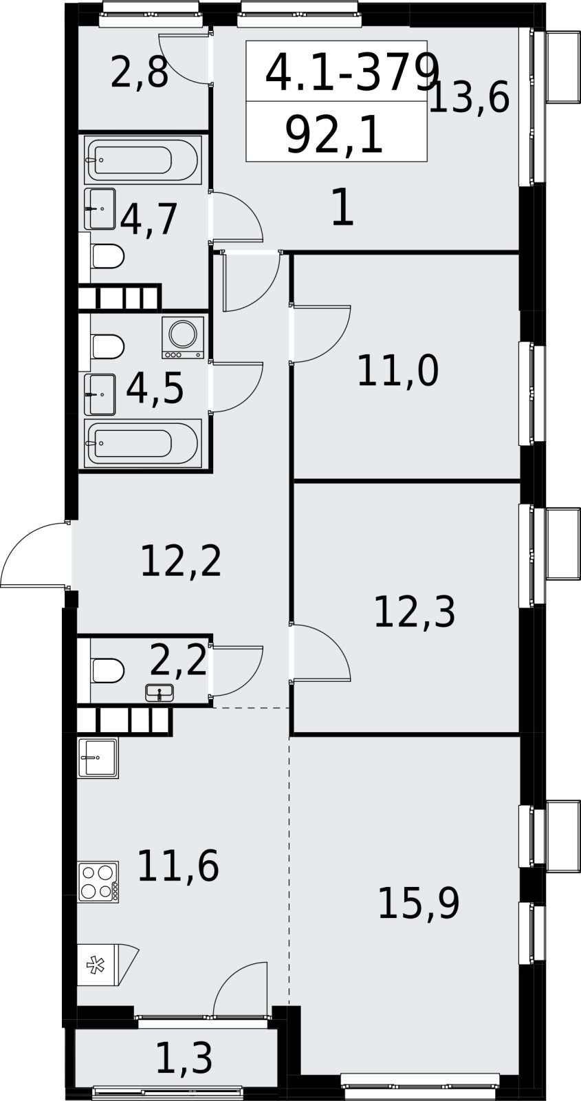 4-комнатная квартира (евро) с полной отделкой, 92.1 м2, 24 этаж, сдача 2 квартал 2027 г., ЖК Южные сады, корпус 4.1.2 - объявление 2392885 - фото №1