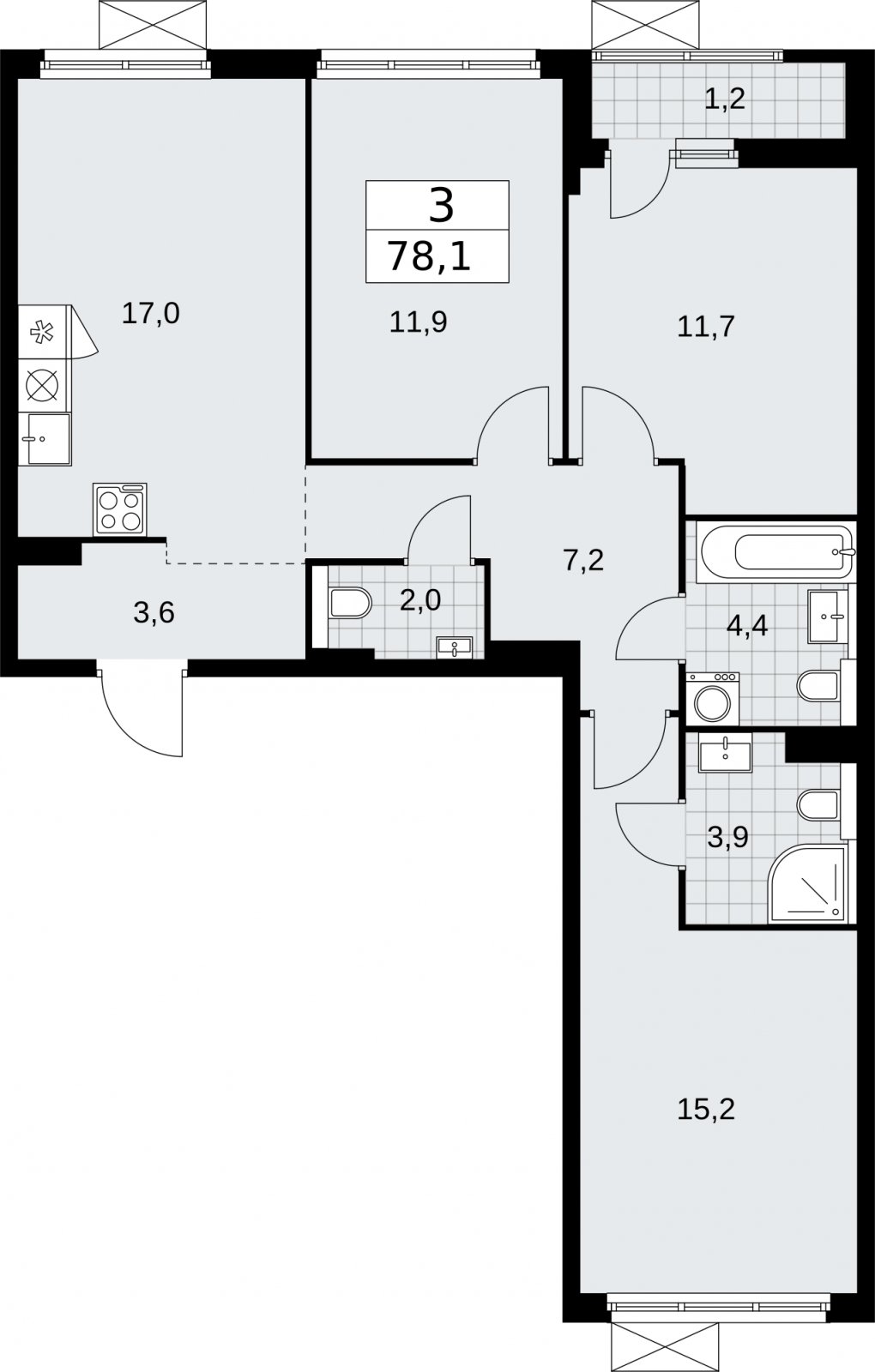 3-комнатная квартира без отделки, 78.1 м2, 7 этаж, сдача 2 квартал 2026 г., ЖК Бунинские кварталы, корпус 7.3 - объявление 2313876 - фото №1