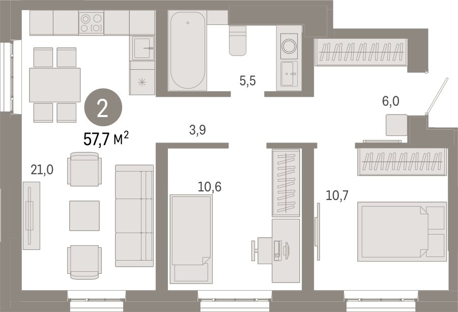 2-комнатная квартира с частичной отделкой, 57.7 м2, 14 этаж, сдача 3 квартал 2026 г., ЖК Квартал Метроном, корпус 2 - объявление 2300678 - фото №1