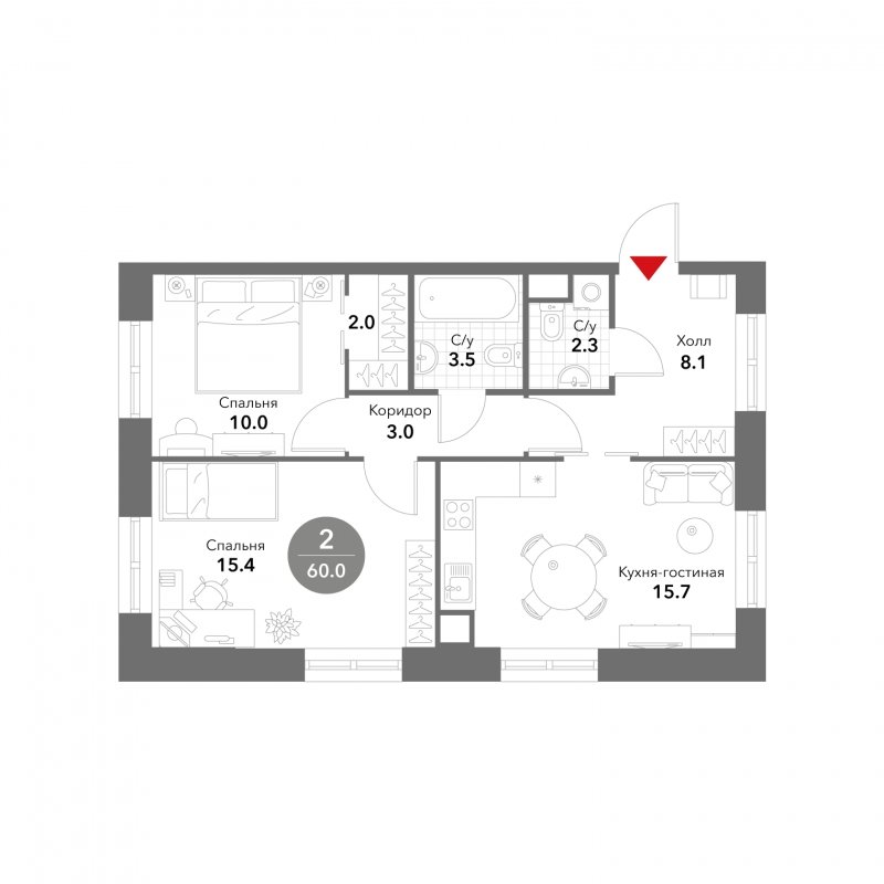 2-комнатные апартаменты без отделки, 60 м2, 14 этаж, сдача 3 квартал 2025 г., ЖК VOXHALL, корпус 4 - объявление 1794669 - фото №1