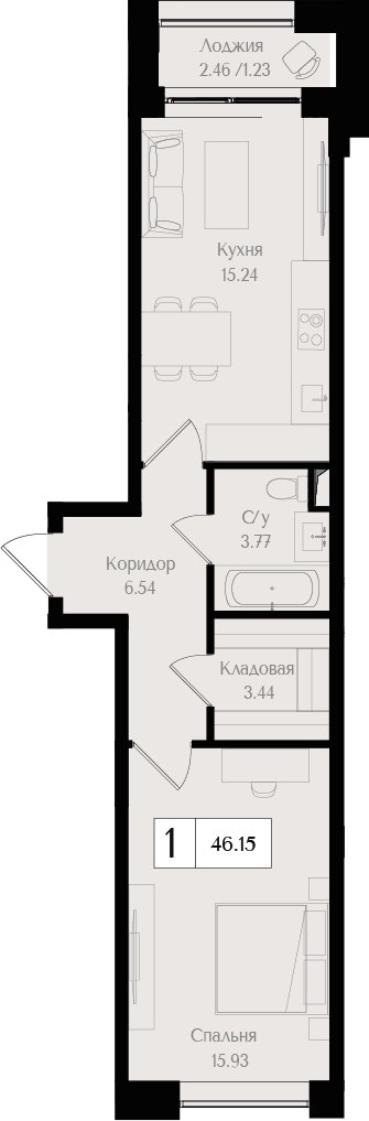 1-комнатная квартира без отделки, 46.15 м2, 2 этаж, сдача 3 квартал 2024 г., ЖК Преображенская площадь, корпус 1 - объявление 2279772 - фото №1