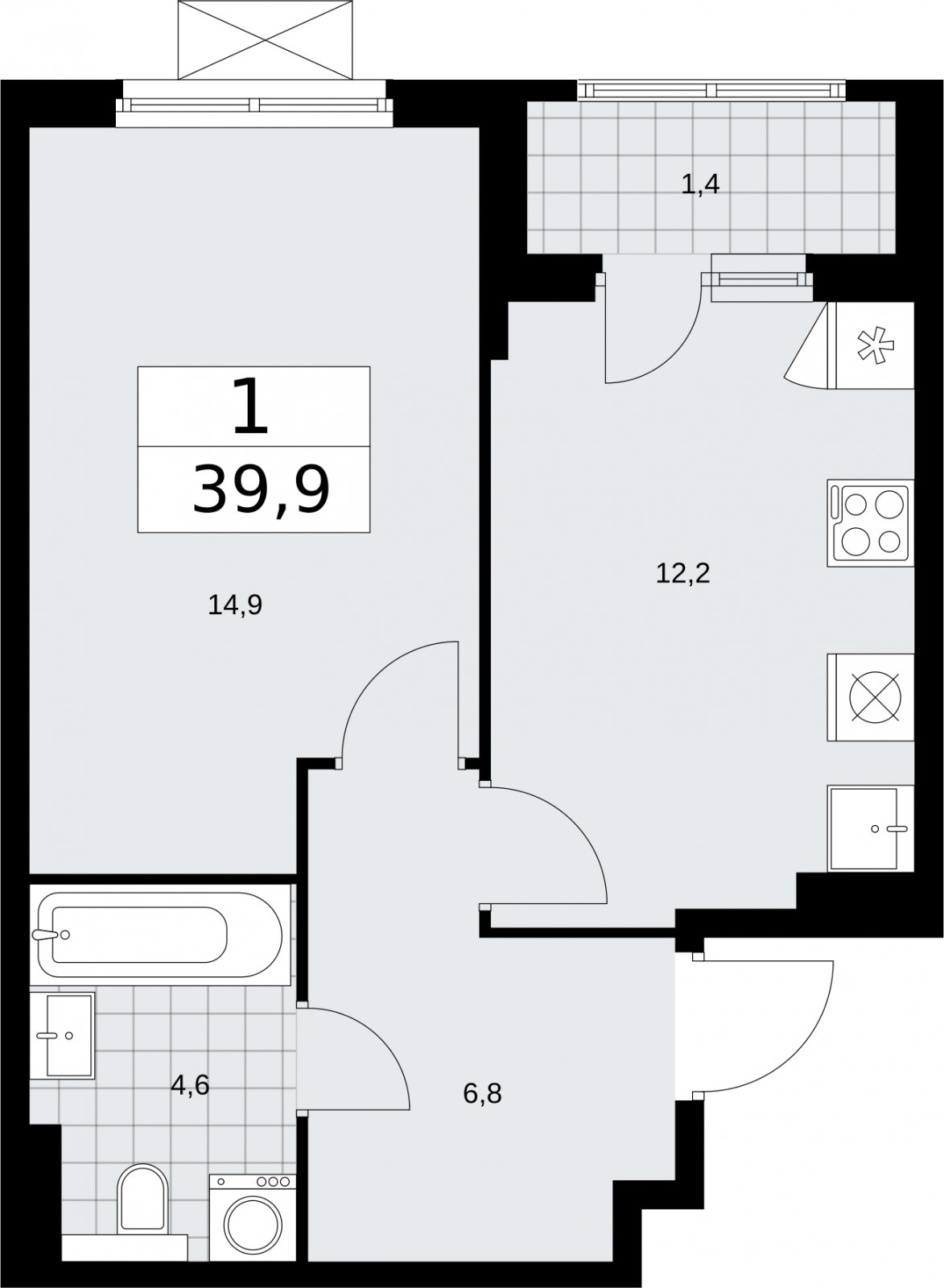 1-комнатная квартира без отделки, 39.9 м2, 6 этаж, сдача 2 квартал 2026 г., ЖК Бунинские кварталы, корпус 7.4 - объявление 2314062 - фото №1