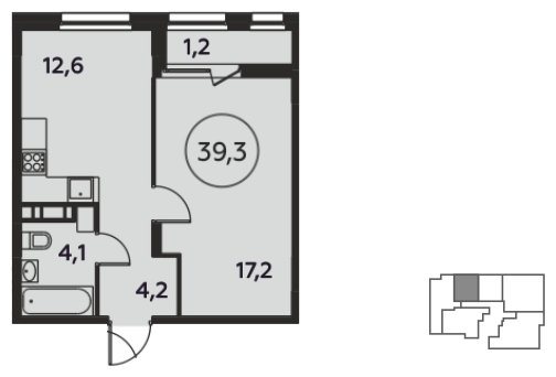 1-комнатная квартира без отделки, 39.3 м2, 15 этаж, сдача 1 квартал 2022 г., ЖК Скандинавия, корпус 8.4 - объявление 1213524 - фото №1