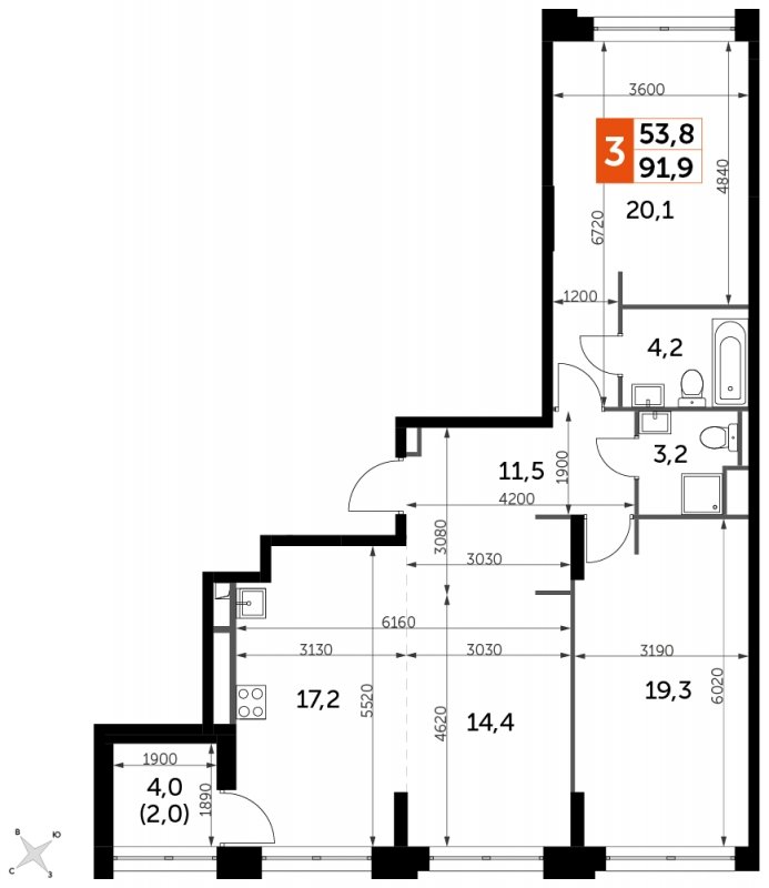 3-комнатная квартира без отделки, 91.9 м2, 20 этаж, сдача 1 квартал 2023 г., ЖК Sydney City, корпус 2 - объявление 1580518 - фото №1
