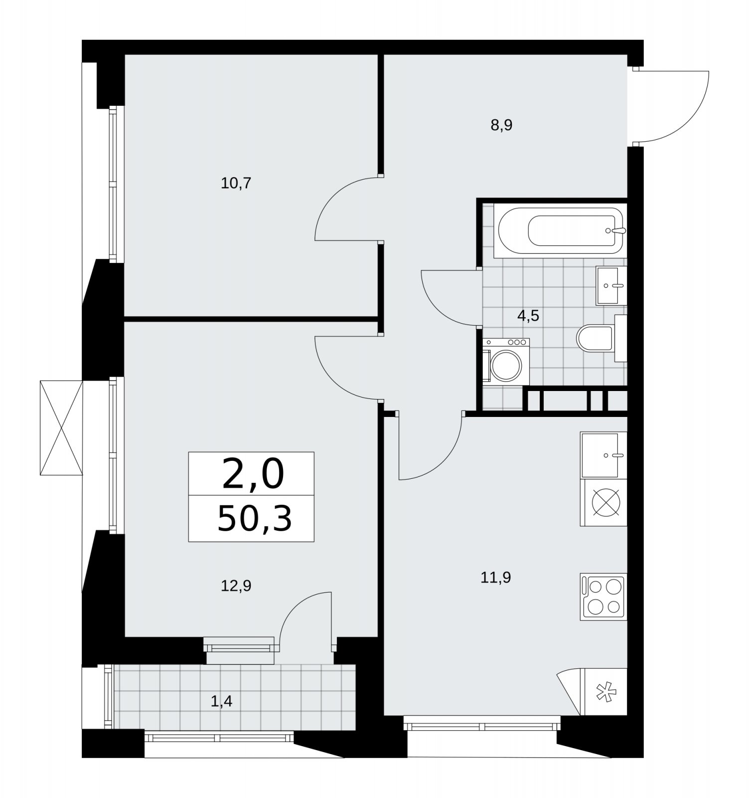 2-комнатная квартира с частичной отделкой, 50.3 м2, 4 этаж, сдача 1 квартал 2026 г., ЖК Бунинские кварталы, корпус 6.2 - объявление 2252536 - фото №1