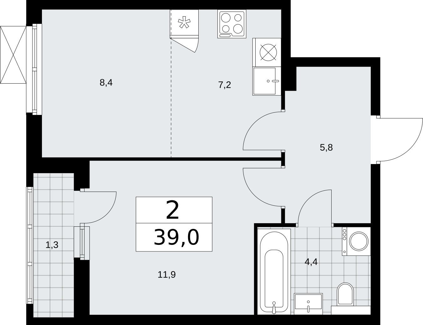 2-комнатная квартира (евро) без отделки, 39 м2, 4 этаж, сдача 2 квартал 2026 г., ЖК Бунинские кварталы, корпус 7.3 - объявление 2313850 - фото №1