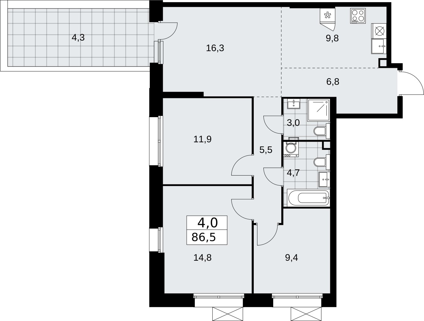 4-комнатная квартира без отделки, 86.5 м2, 2 этаж, сдача 4 квартал 2025 г., ЖК Бунинские кварталы, корпус 6.5 - объявление 2334158 - фото №1