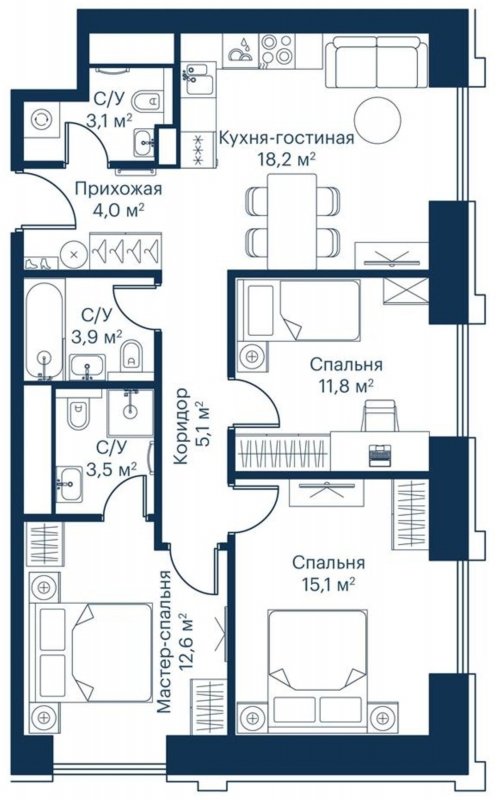 3-комнатная квартира с частичной отделкой, 79.08 м2, 22 этаж, сдача 2 квартал 2024 г., ЖК City Bay, корпус Indian Ocean 6 - объявление 1671555 - фото №1
