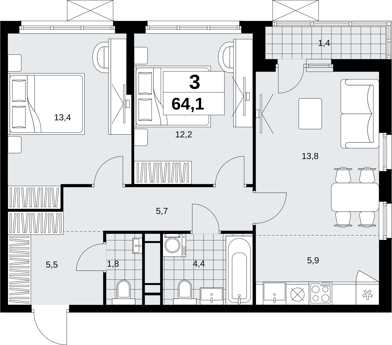 3-комнатная квартира (евро) с полной отделкой, 64.1 м2, 11 этаж, сдача 1 квартал 2027 г., ЖК Скандинавия, корпус 2.18.2.1 - объявление 2351154 - фото №1