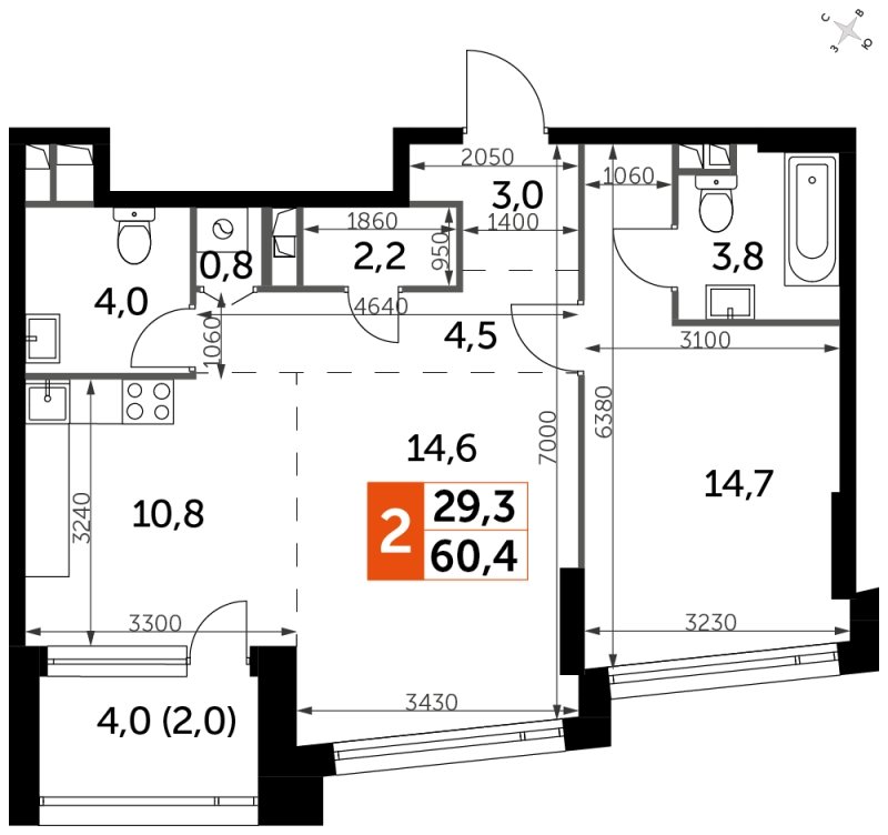 2-комнатная квартира с частичной отделкой, 60.3 м2, 2 этаж, сдача 4 квартал 2024 г., ЖК ROTTERDAM, корпус 2.3 - объявление 1652446 - фото №1