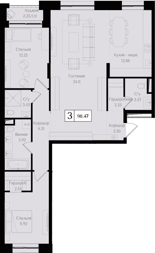 3-комнатная квартира без отделки, 98.47 м2, 2 этаж, сдача 3 квартал 2024 г., ЖК Преображенская площадь, корпус 2 - объявление 2287566 - фото №1