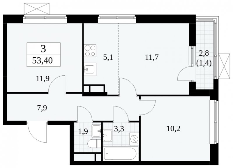 3-комнатная квартира (евро) без отделки, 53.4 м2, 6 этаж, сдача 1 квартал 2025 г., ЖК Прокшино, корпус 5.1.3 - объявление 1810880 - фото №1