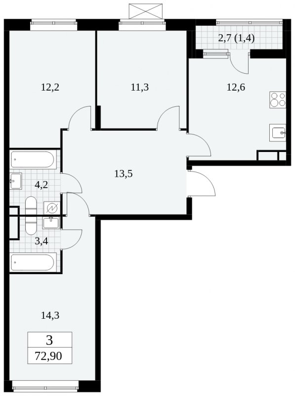 3-комнатная квартира с частичной отделкой, 72.9 м2, 6 этаж, сдача 2 квартал 2025 г., ЖК Прокшино, корпус 5.1.1 - объявление 1859986 - фото №1