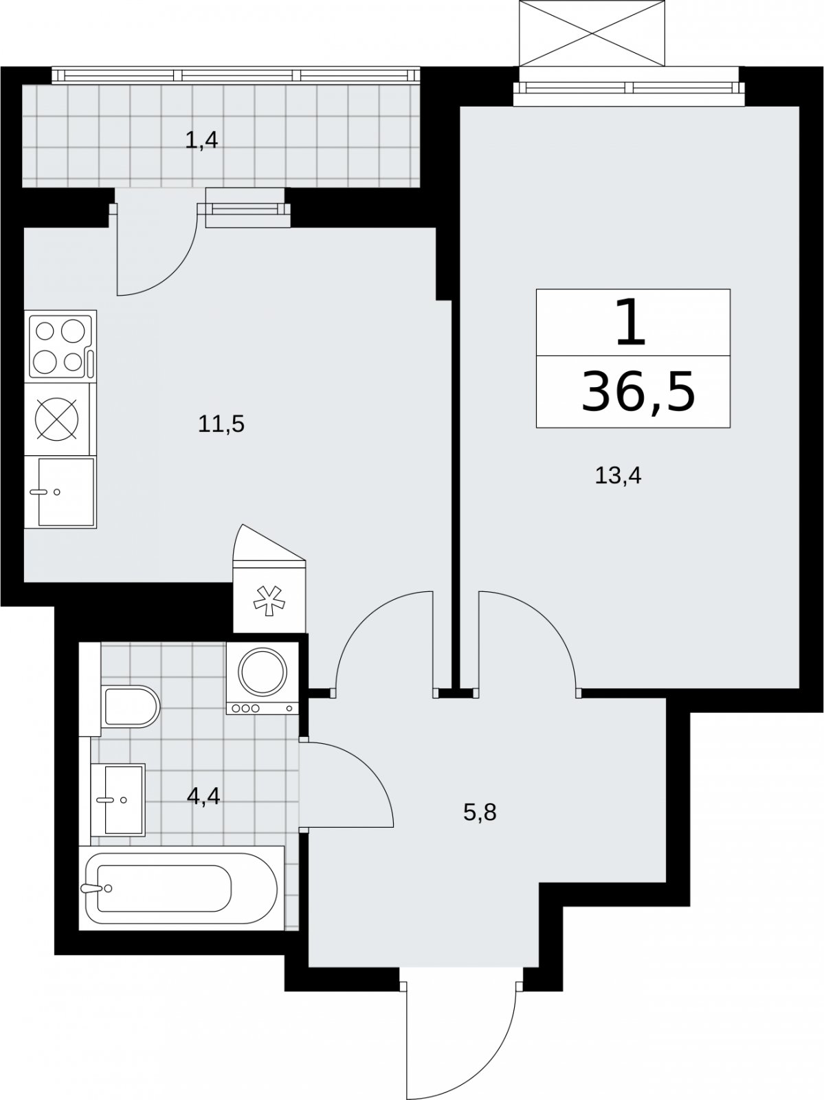 1-комнатная квартира без отделки, 36.5 м2, 14 этаж, сдача 2 квартал 2026 г., ЖК Бунинские кварталы, корпус 7.3 - объявление 2313812 - фото №1