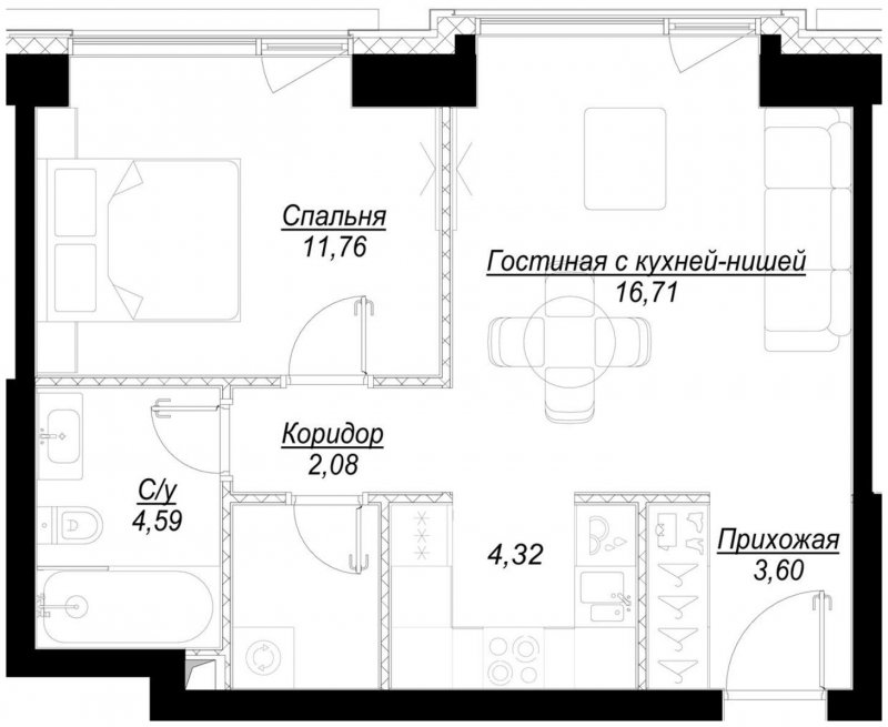 1-комнатная квартира с частичной отделкой, 45.6 м2, 18 этаж, сдача 1 квартал 2023 г., ЖК Hide, корпус RiverSide - объявление 1756838 - фото №1