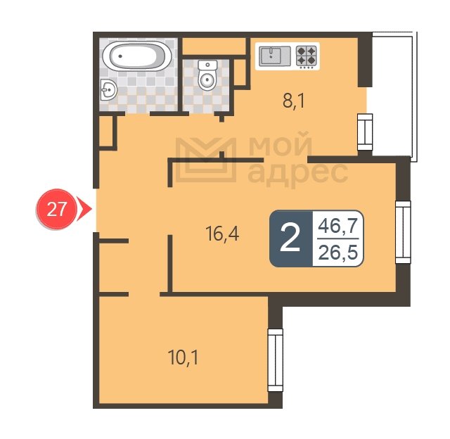 2-комнатная квартира с полной отделкой, 46.7 м2, 5 этаж, дом сдан, ЖК мой адрес В Зеленограде, корпус 2044 - объявление 1745202 - фото №1