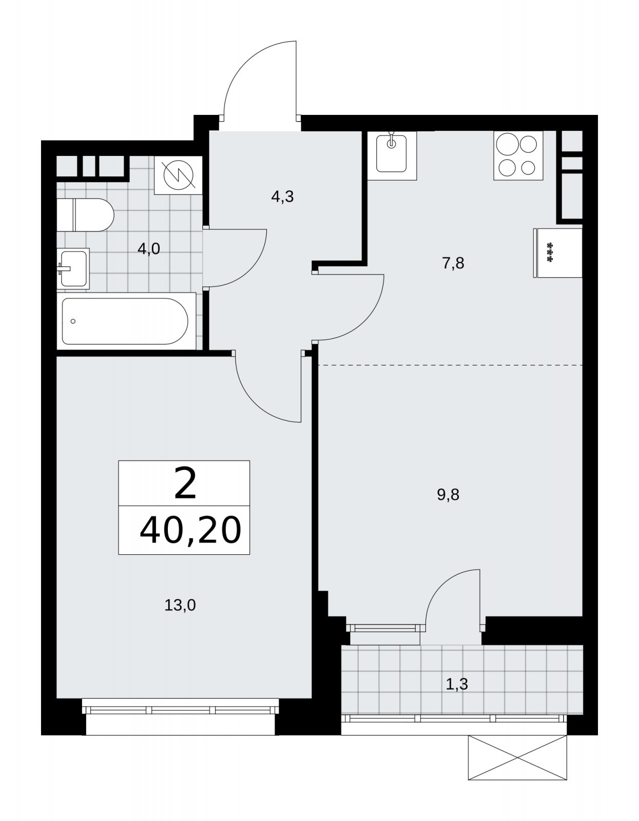 2-комнатная квартира (евро) без отделки, 40.2 м2, 7 этаж, сдача 3 квартал 2025 г., ЖК Бунинские кварталы, корпус 3.1 - объявление 2151792 - фото №1