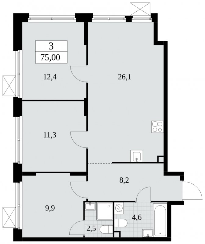 3-комнатная квартира без отделки, 75 м2, 2 этаж, сдача 1 квартал 2025 г., ЖК Скандинавия, корпус 2.27.2 - объявление 1840320 - фото №1