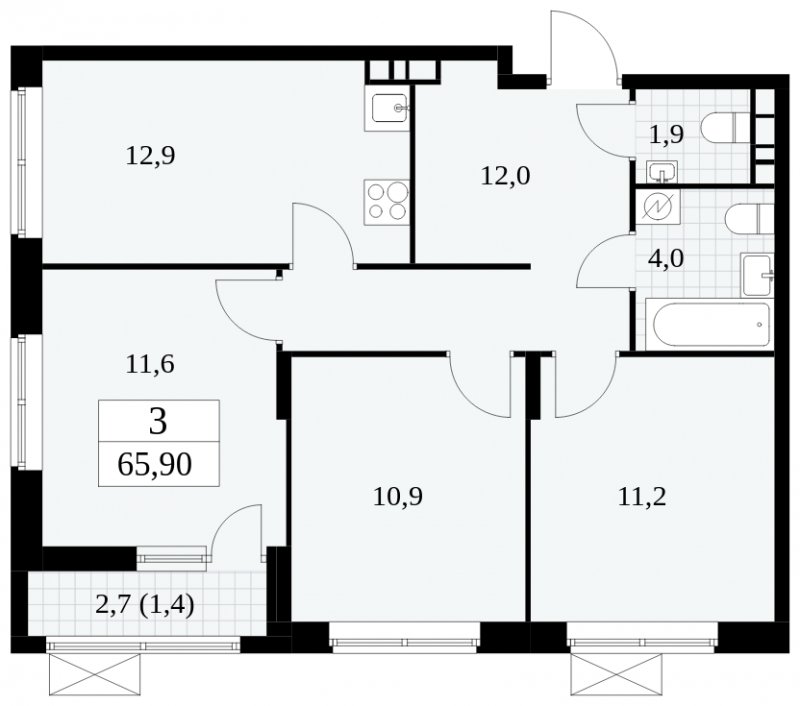3-комнатная квартира с частичной отделкой, 65.9 м2, 13 этаж, сдача 2 квартал 2025 г., ЖК Прокшино, корпус 5.2.6 - объявление 1901117 - фото №1